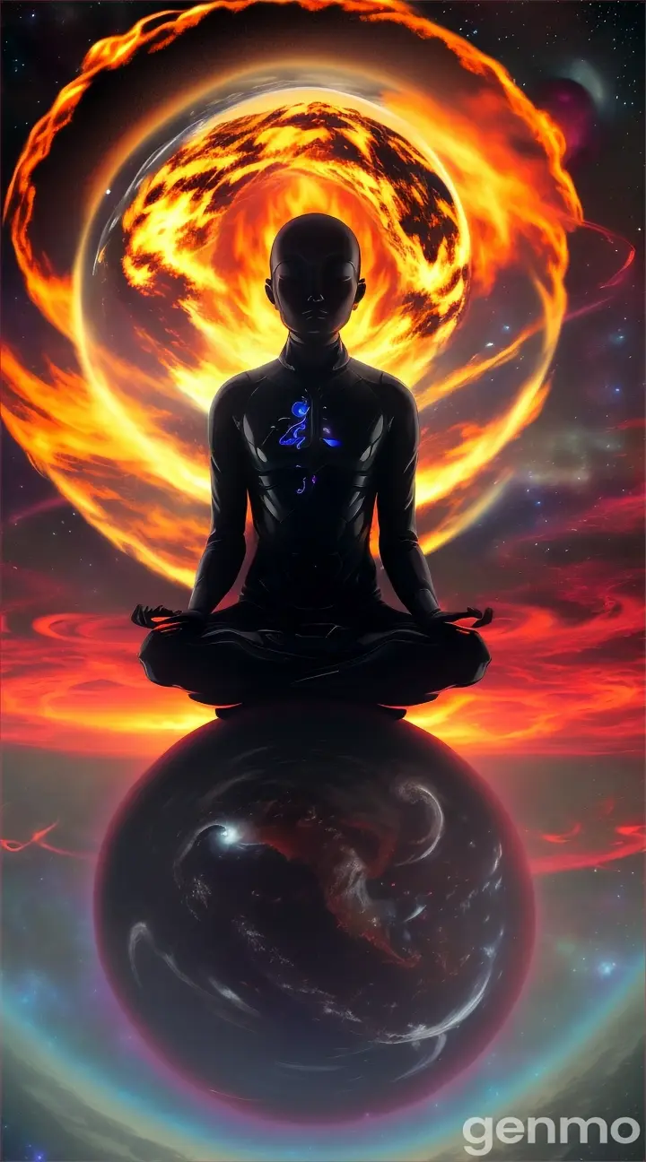 A blacked out figure meditating above planet earth on fire 