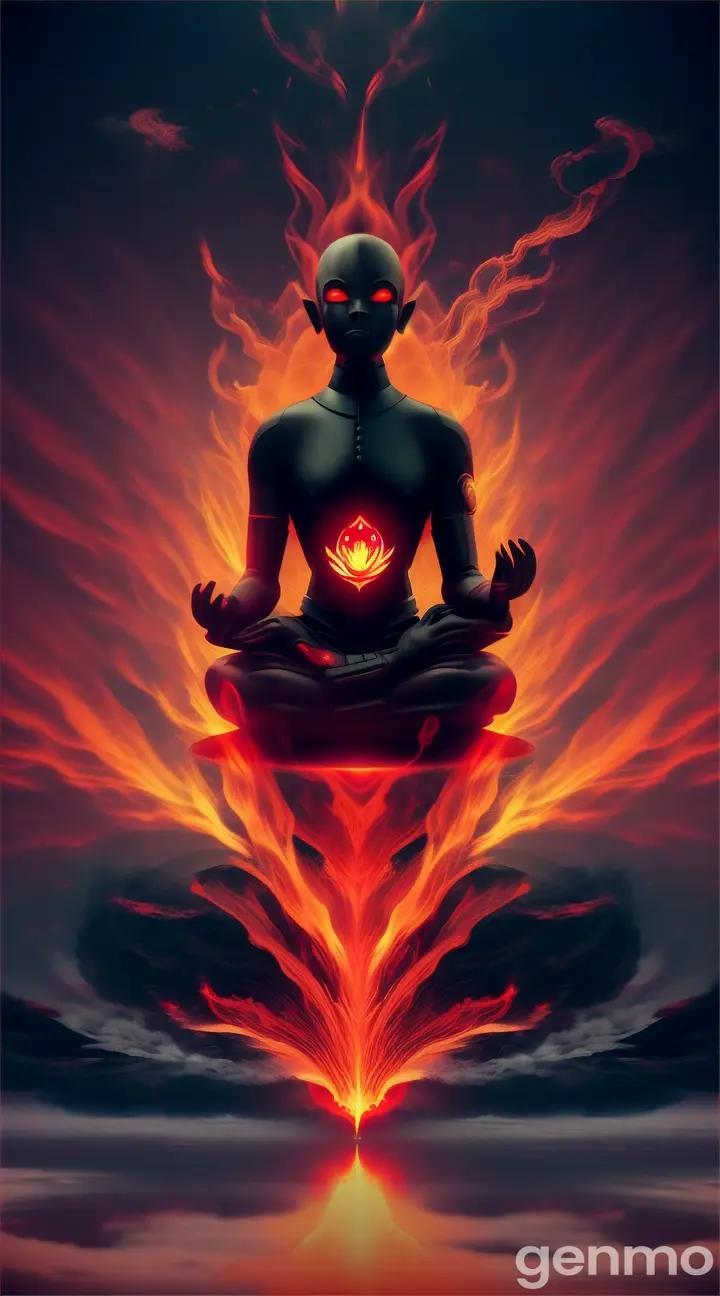 A blacked out figure meditating above planet earth on fire 