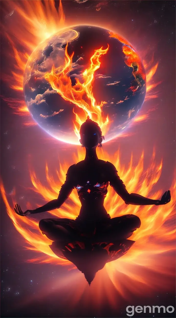 A blacked out figure meditating above planet earth on fire 