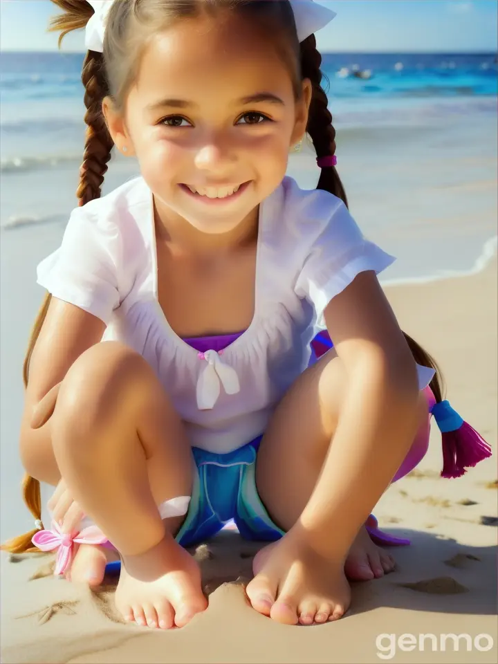 Tiny girl, age 9 years old, pigtails, bare feet, white beach bikini, happy, beach, close up, toes, crouching