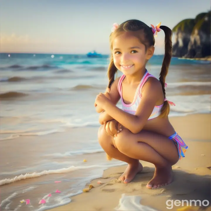 Tiny girl, age 9 years old, pigtails, bare feet, white beach bikini, happy, beach, close up, toes, crouching