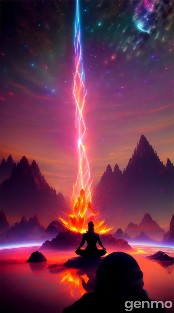 A figure meditating above Earth on fire, while comets blaze across the sky