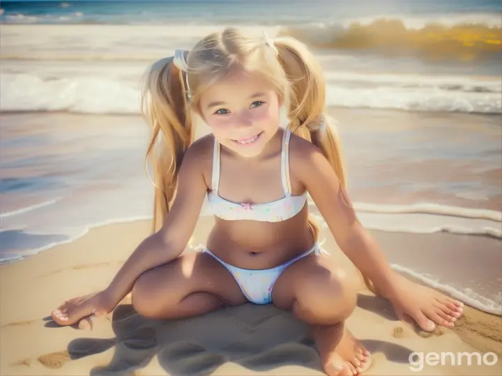Tiny girl, age 9 years old, pigtails, bare feet, white beach bikini, happy, beach, close up, toes, crouching, long blonde