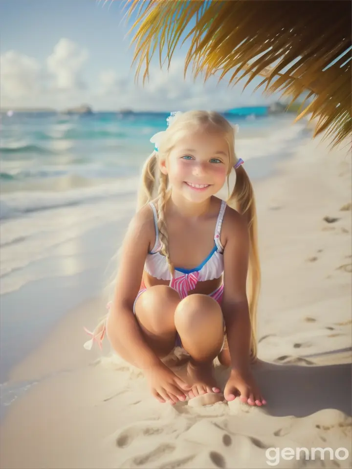 Tiny girl, age 9 years old, pigtails, bare feet, white beach bikini, happy, beach, close up, toes, crouching, long blonde