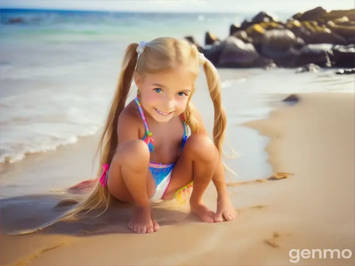 Tiny girl, age 9 years old, pigtails, bare feet, white beach bikini, happy, beach, close up, toes, crouching, long blonde
