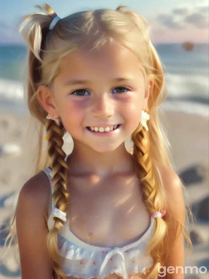 Tiny girl, age 9 years old, pigtails, bare feet, white beach bikini, happy, beach, close up, toes, crouching, long blonde