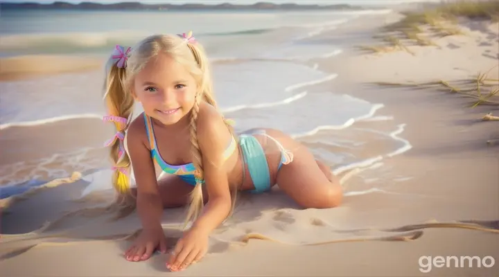 Tiny girl, age 9 years old, pigtails, bare feet, white beach bikini, happy, beach, close up, toes, crouching, long blonde, tanned legs,