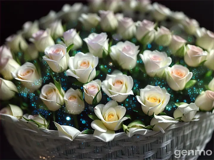 A large basket with white roses, glitter and dew drops on the petals, sparkle glow 