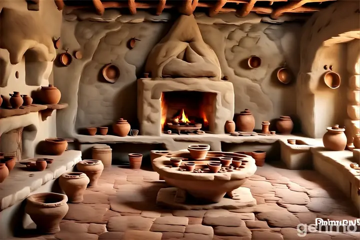 a room filled with clay pots and a fire place