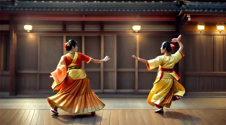 Create a  realistic,cinematic, immersive video showcasing a South Indian couple dancing passionately in the heart of Kyoto's Gion district.
The scene unfolds in the iconic, lantern-lit streets of Gion, with the couple as the central focus. The South Indian man, lean thin  athletic body and athletic with dark brown skin, messy hair, and casual attire (blue denim shirt, gray jeans), exudes raw energy as he dances to the infectious rhythm of "Enna Alagu". His partner, a fair-skinned, chubby cheeks, cleavage,chubby body woman with a playful demeanor, is dressed in a brown denim coat, gray shirt, and black jeans. She complements his movements with equal enthusiasm.
The couple's uninhibited dance is a striking contrast to the serene, traditional beauty of Gion. Their performance is further accentuated by a group of Japanese women, dressed in white and brown, who gracefully dance in the background. The entire scene is framed by a majestic teak wood sculpture, adding a layer of cultural juxtaposition.
Utilize an ultra-wide shot to capture the full grandeur of Gion, emphasizing the couple's integration into the vibrant, bustling atmosphere of the district. The video should be visually stunning, with careful attention to lighting and color grading to create a cinematic ambiance.