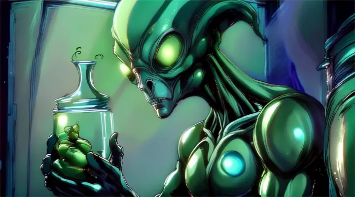 alien holding a glass container in which an weird, alive, green organism is trapped, stylized, comic book style, marvel, simple colors,