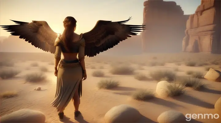 The woman gathered her strength, embraced the eagle, and got up and walked
She was limping slightly, with pain in her right shoulder and pain in her back 
The more the sun shone, the hotter she felt, and she couldn't stop walking and walking. A terrifying 3D cinematic scene in 4K resolution.