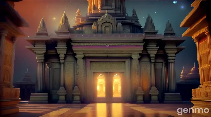 The temple doors slowly creaking open at dawn, revealing the unconscious Shivanand lying inside