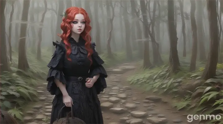 a princess with red hair is standing in the woods