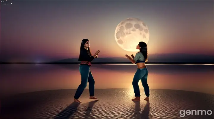 8k wide shot of a young Pakistani couple dance by a serene lake at night. The woman, dressed in a trendy jeans shirt, looks up at the moon.