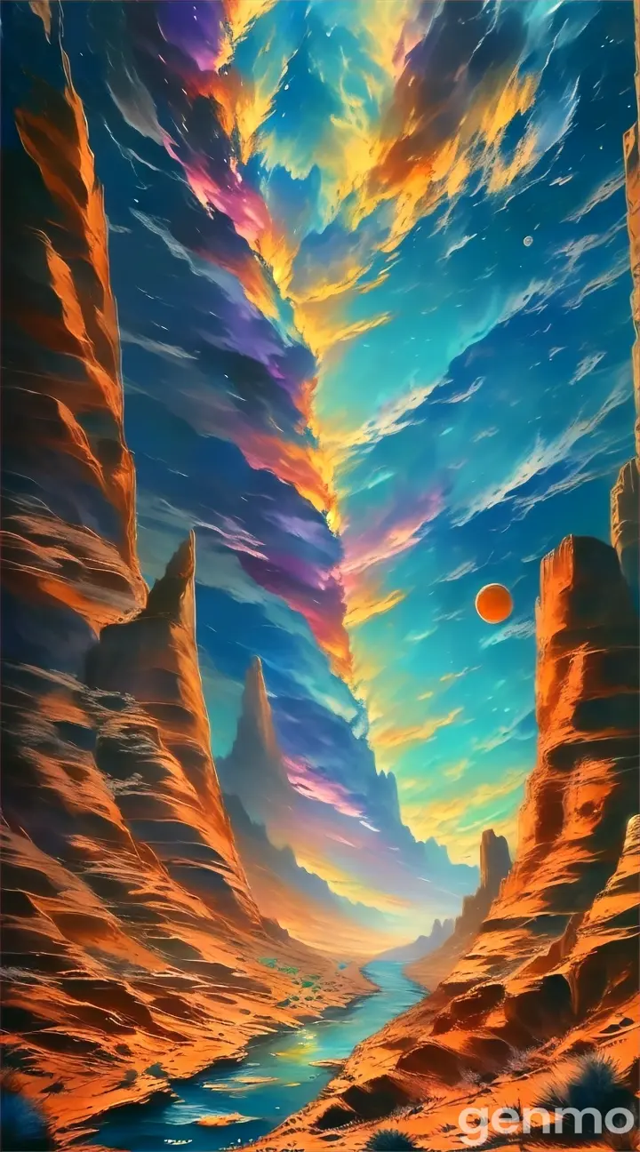 a painting of a desert with a stream of water