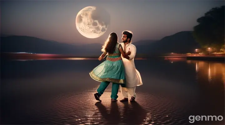 8k wide shot of a young Pakistani couple dance by a serene lake at night. The woman, dressed in a trendy jeans shirt, looks up at the moon.