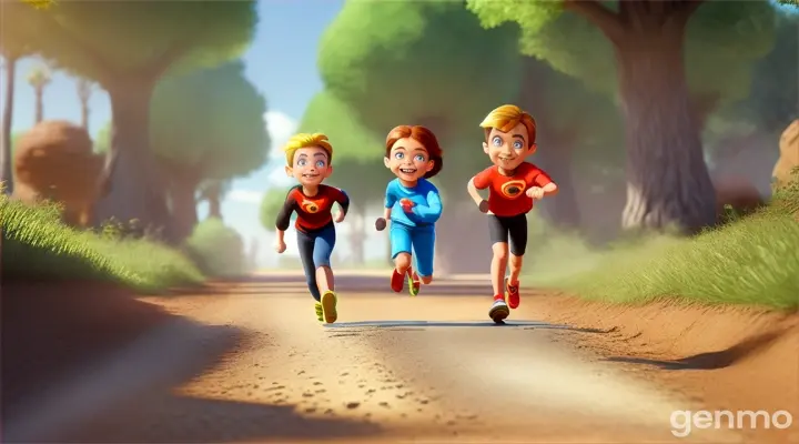 a couple of kids running down a dirt road 3d cartoon 