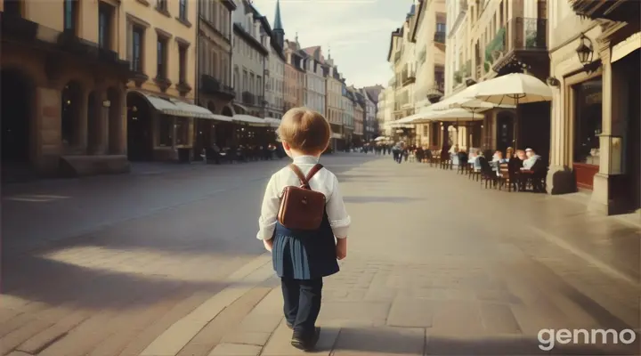 Child returning a lost wallet in an old-world town square with cobblestone streets, intricate architecture, and a charming café