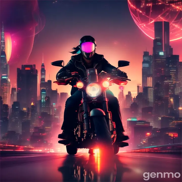 A double exposure of a man riding his motorcycle against a city skyline at night, with a planet featuring a beautiful woman's face in the background