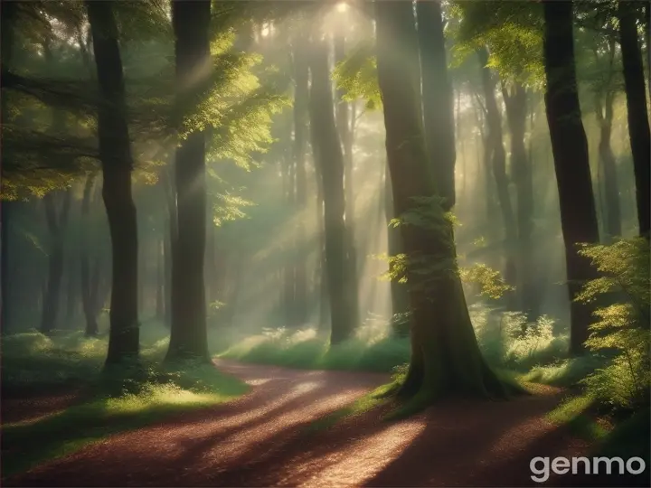 
Mid summer morning, sun shines through the leaves in a forest, poetic, cinematic
