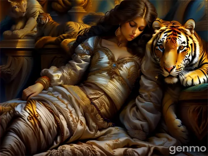 a woman laying on a bed next to a tiger