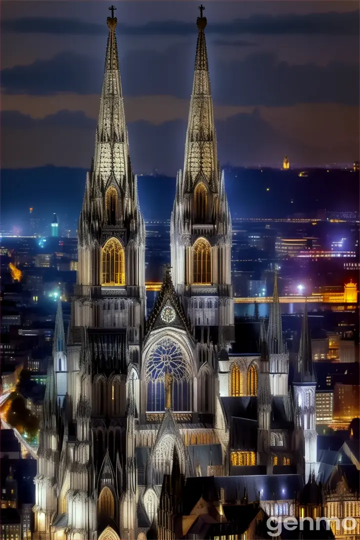 a large cathedral lit up at night in a city