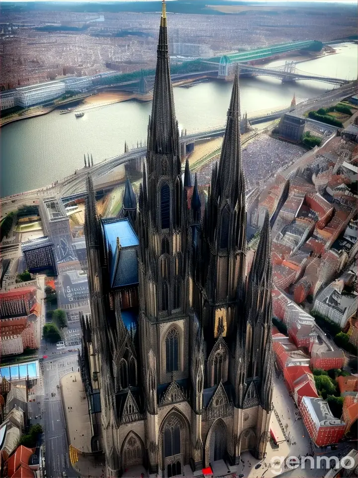 an aerial view of a large cathedral in a city