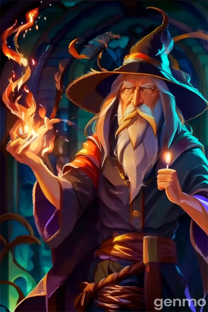 a wizard with a long white beard holding a lit candle