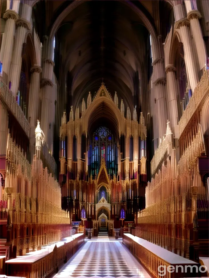 a large cathedral with a checkered floor and a large organ