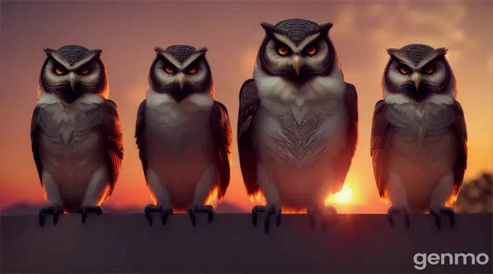 A wise owl admonishing foolish monkeys amid a sunset backdrop.