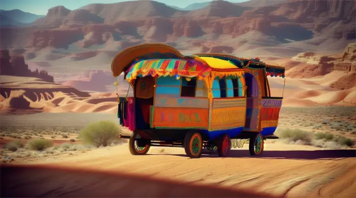 A colorful gypsy caravan passing through a sun-soaked desert landscape, with the sound of Flamenco guitar and dhol echoing.