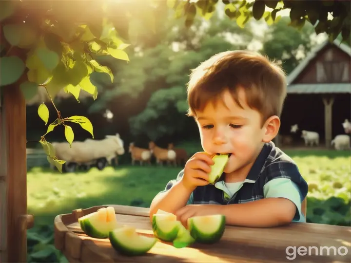 little boy eating honeydew on the farm