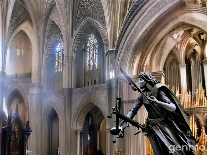 a statue of a woman holding a sword in a cathedral