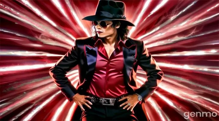 Michael Jackson in a black hat and red shirt