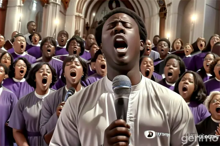 a man singing into a microphone in front of a choir