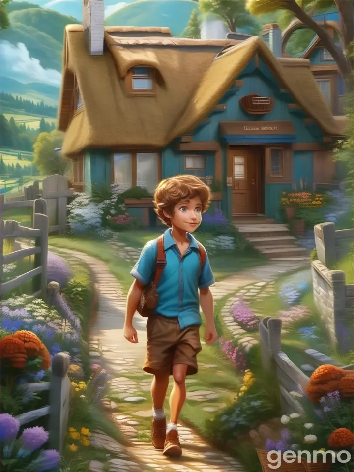 a painting of a boy walking down a path