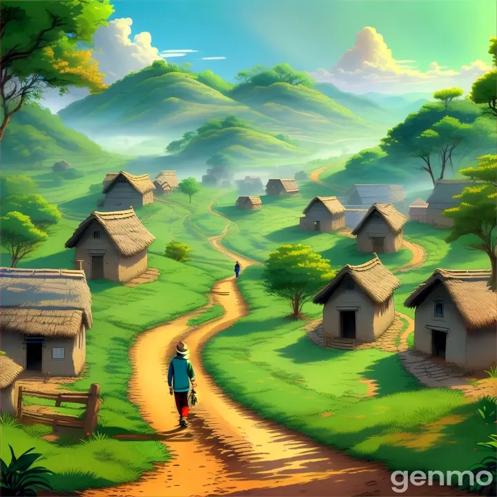 a person walking down a dirt road towards a village