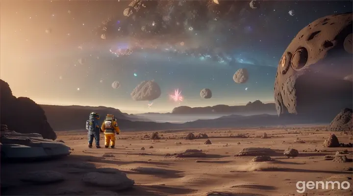 Ash and Pikachu in spacesuits standing together gazing at a meteorite impact from a distance
