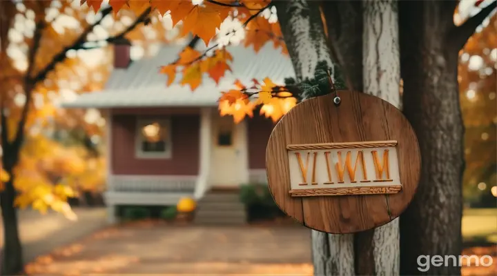 Light wooden nameplate hanging on a tree branch in front of the house 16:9