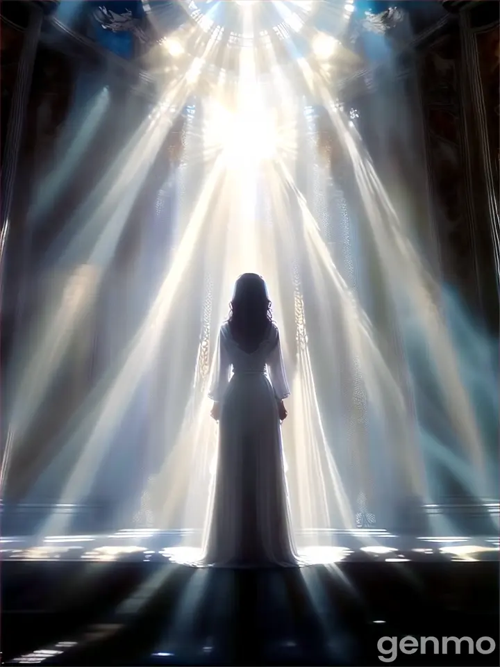 A woman wearing a white dress stands in front of the universe