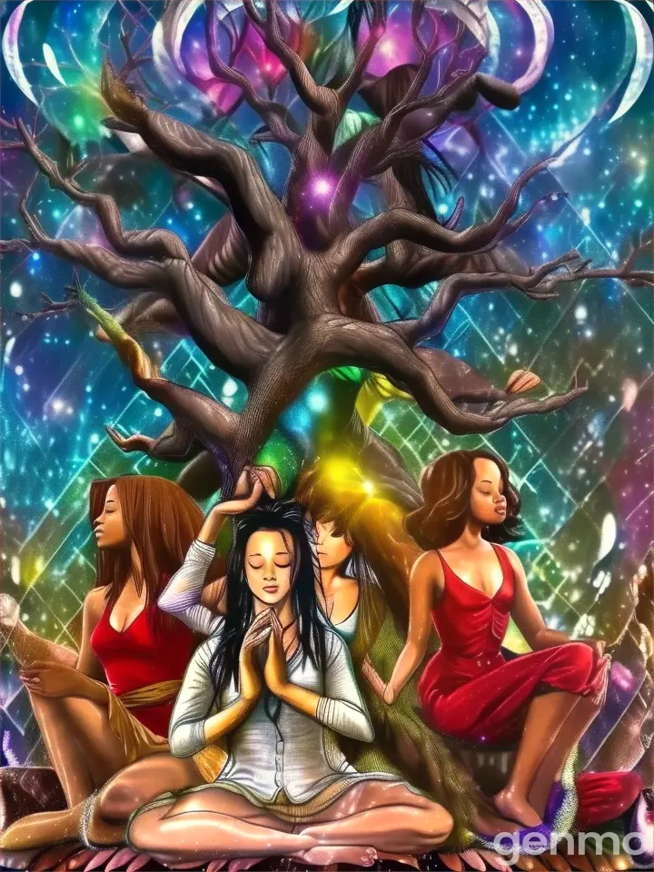 a group of women sitting on top of a tree