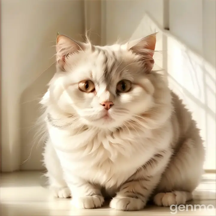 a white cat sitting on top of a white floor