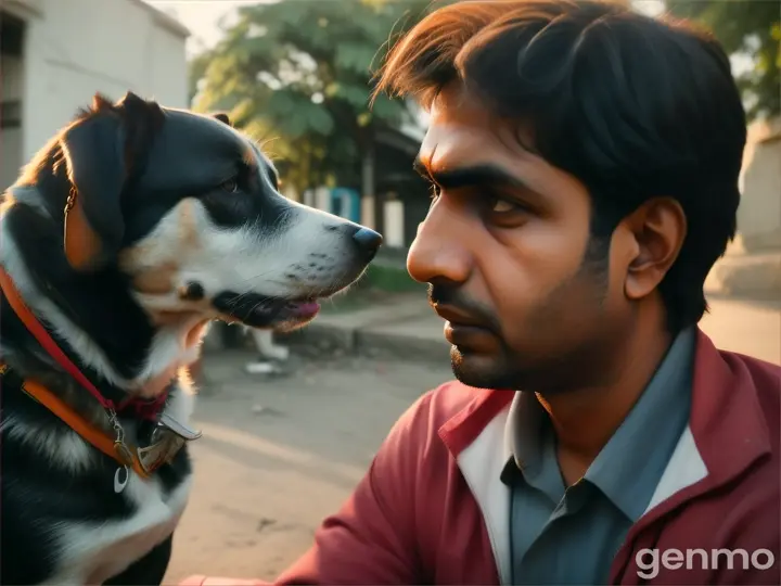 A close-up shot of Neeraj’s innocent face as he looks at the hungry dog. His expression reflects empathy and kindness, capturing the moment when he decides to help the dog.