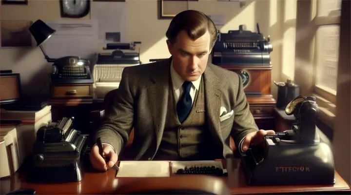 Man in a vintage tweed suit sitting at a typewriter in an old-fashioned office, surrounded by rotary telephones and antique tools of the trade