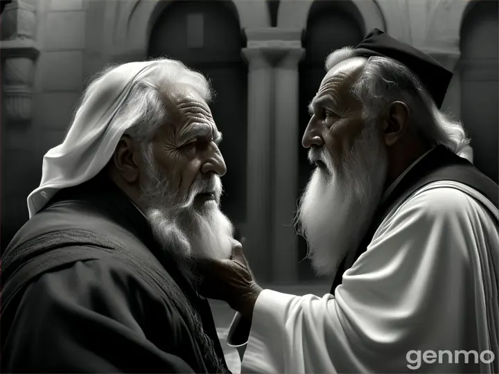 Noah an old israeli, dress in black and white robe, getting angry at young israeli, dressed in robes