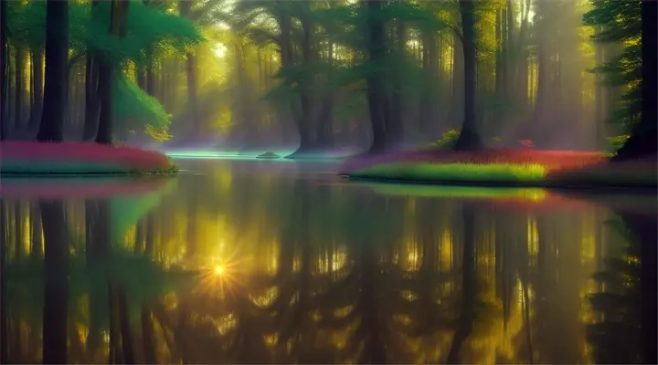 A harmonious world with a surreal forest, surrounded by clear water reflecting the colors of the sun, floating in a magical scene