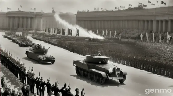 Create a montage of historical footage featuring various dictators. Show scenes of military parades, grand speeches, and powerful symbols like flags, statues, and massive crowds. The footage should evoke a sense of authority and power.
Visuals: Hyper realistic, Use a mix of black-and-white and sepia tones, with quick cuts and zooms to create intensity and drama.