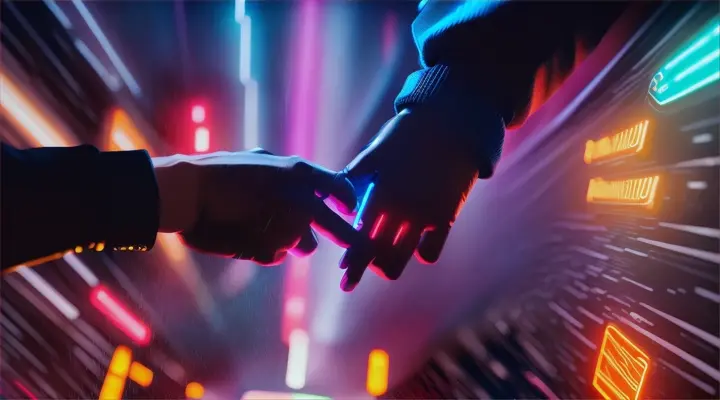 man's hand reaches for woman's hand, rain, night city, neon reflections cyberpunk, close-up, anime
