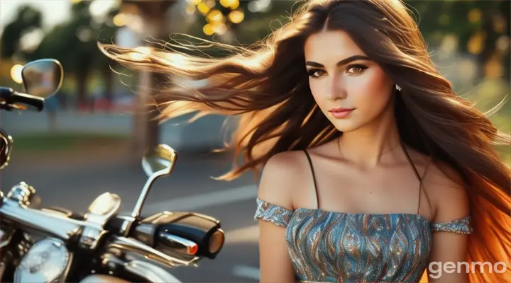 Beautiful Woman: A stunning young woman with flowing hair, dressed in a chic summer dress that dances in the wind. She’s standing by a parked motorcycle, her eyes searching the horizon as if waiting for someone.